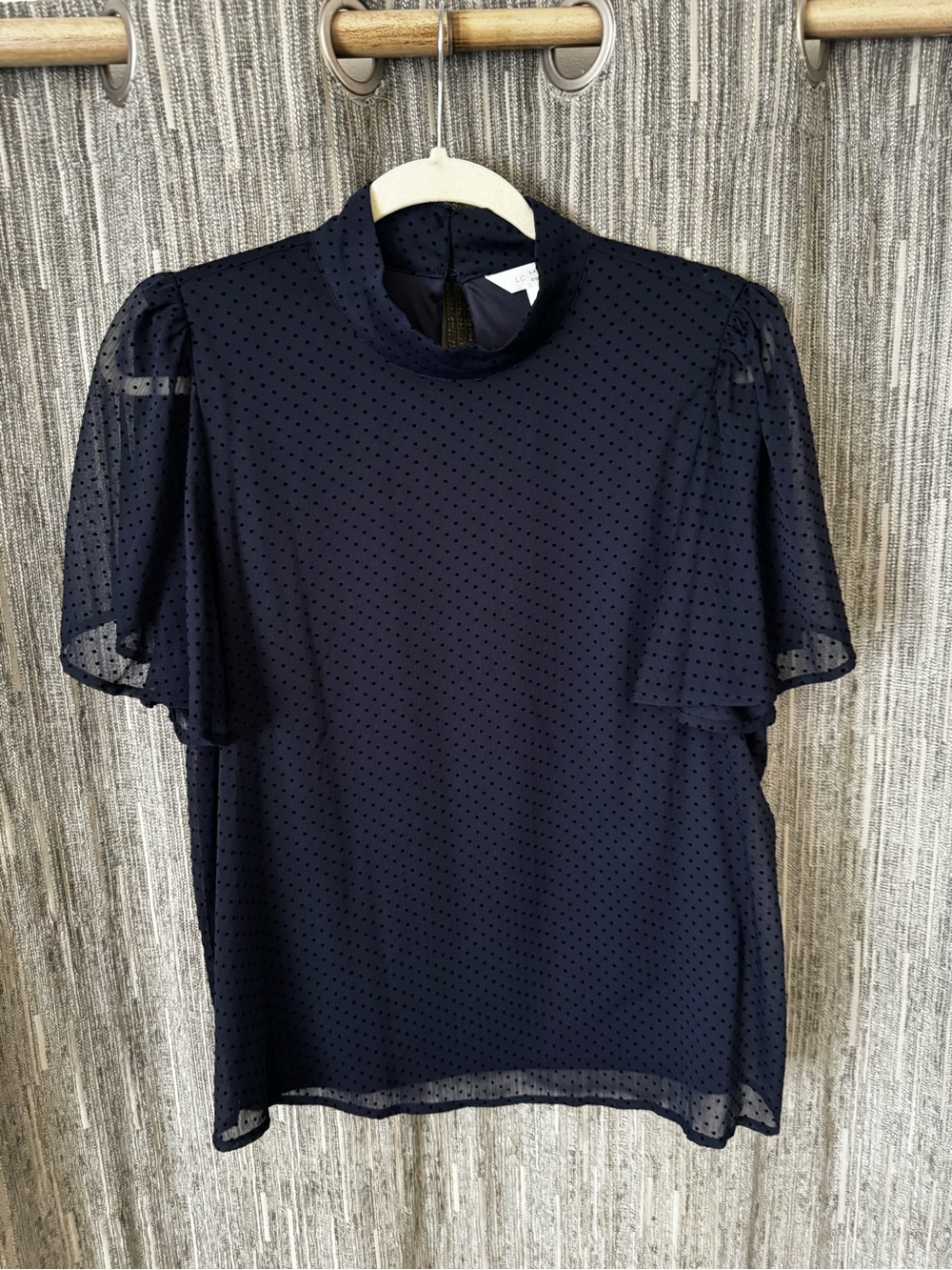 LC Lauren Conrad Navy Dot Mesh Flutter Sleeve Top
